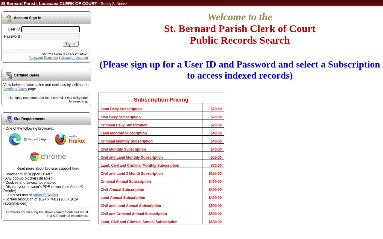 St. Bernard Clerk criminal eSearch account screen